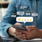 Person holding smartphone with floating star ratings and review icons, representing online credibility, trust signals, and customer testimonials for SEO